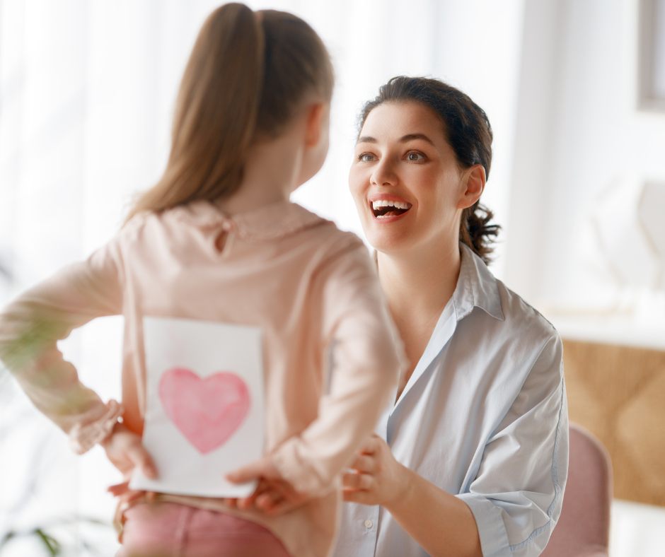 Daughter hiding Mother's Day card from Mom